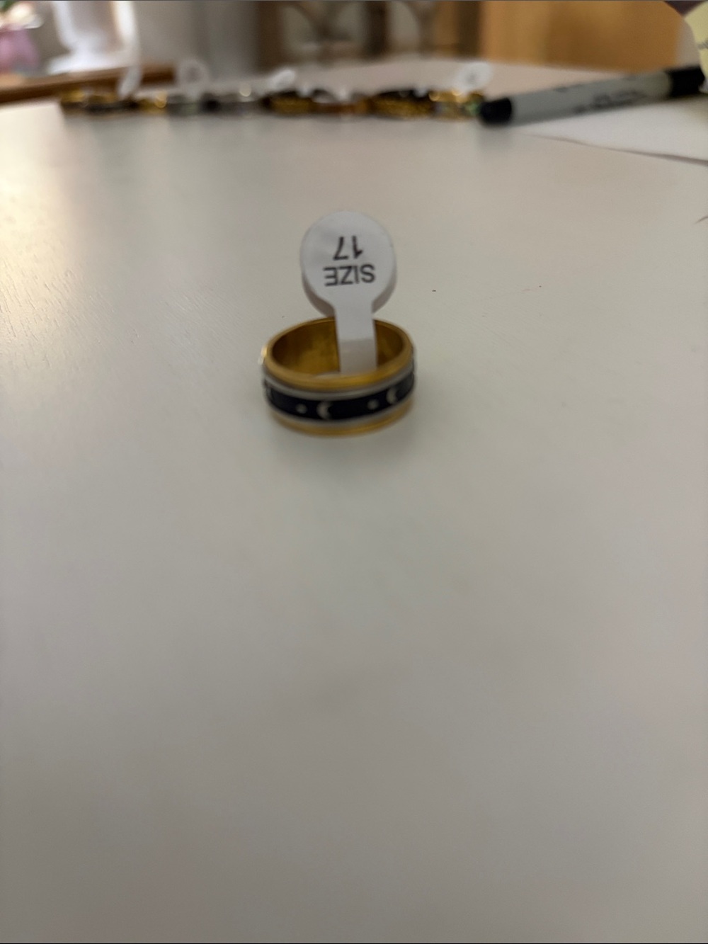 Gold Tone Band Ring with Black Inlay Size 7
